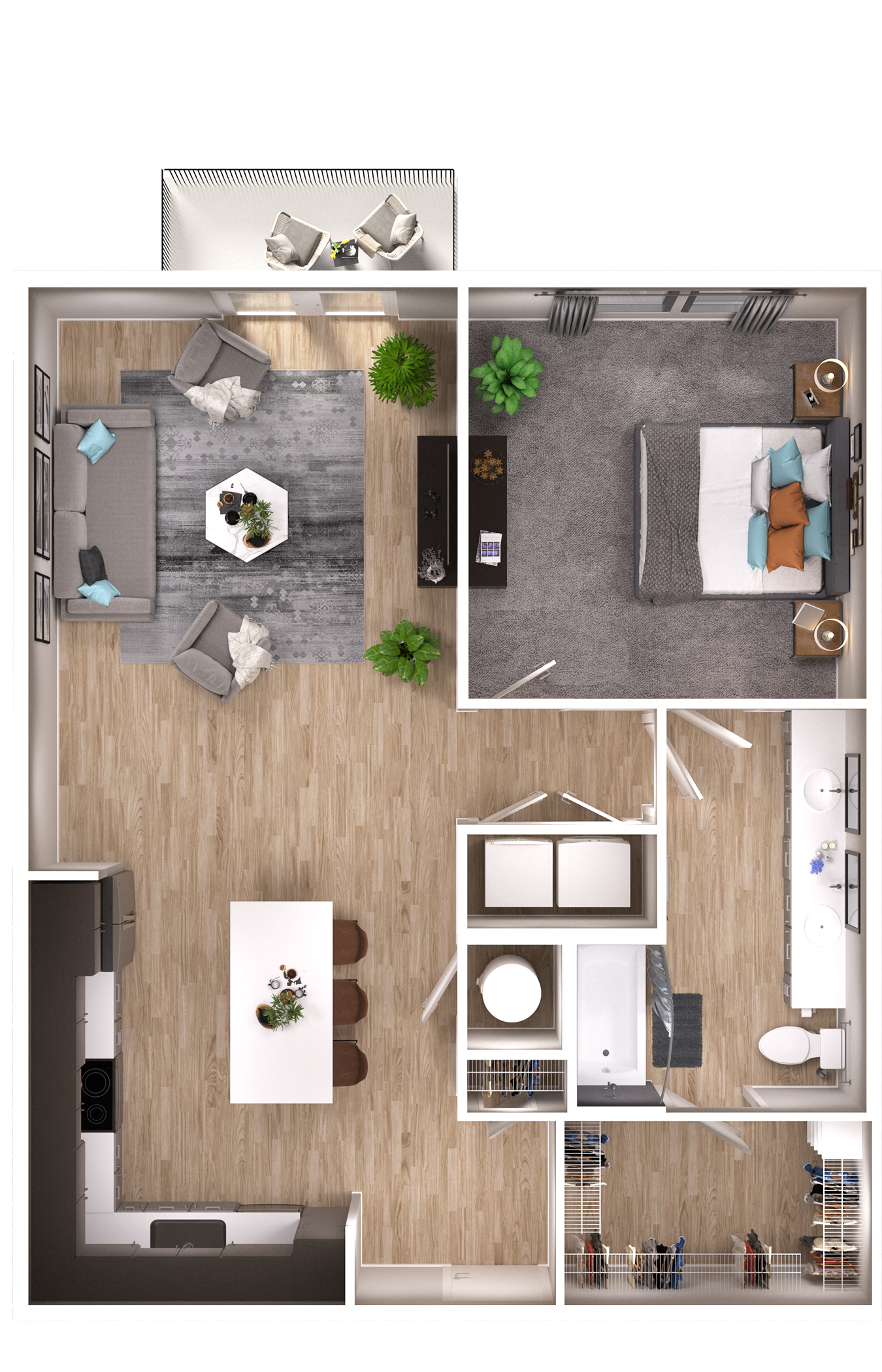 Floor plan for 1 bed, 1 bath, 905 sqft